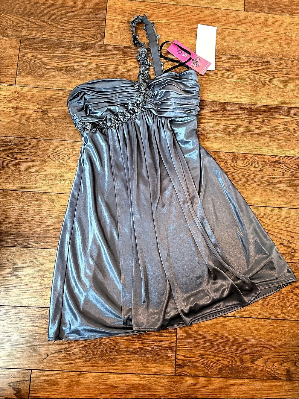 Morgan & Co. Satin Mini Dress in Gray Size Medium Like New